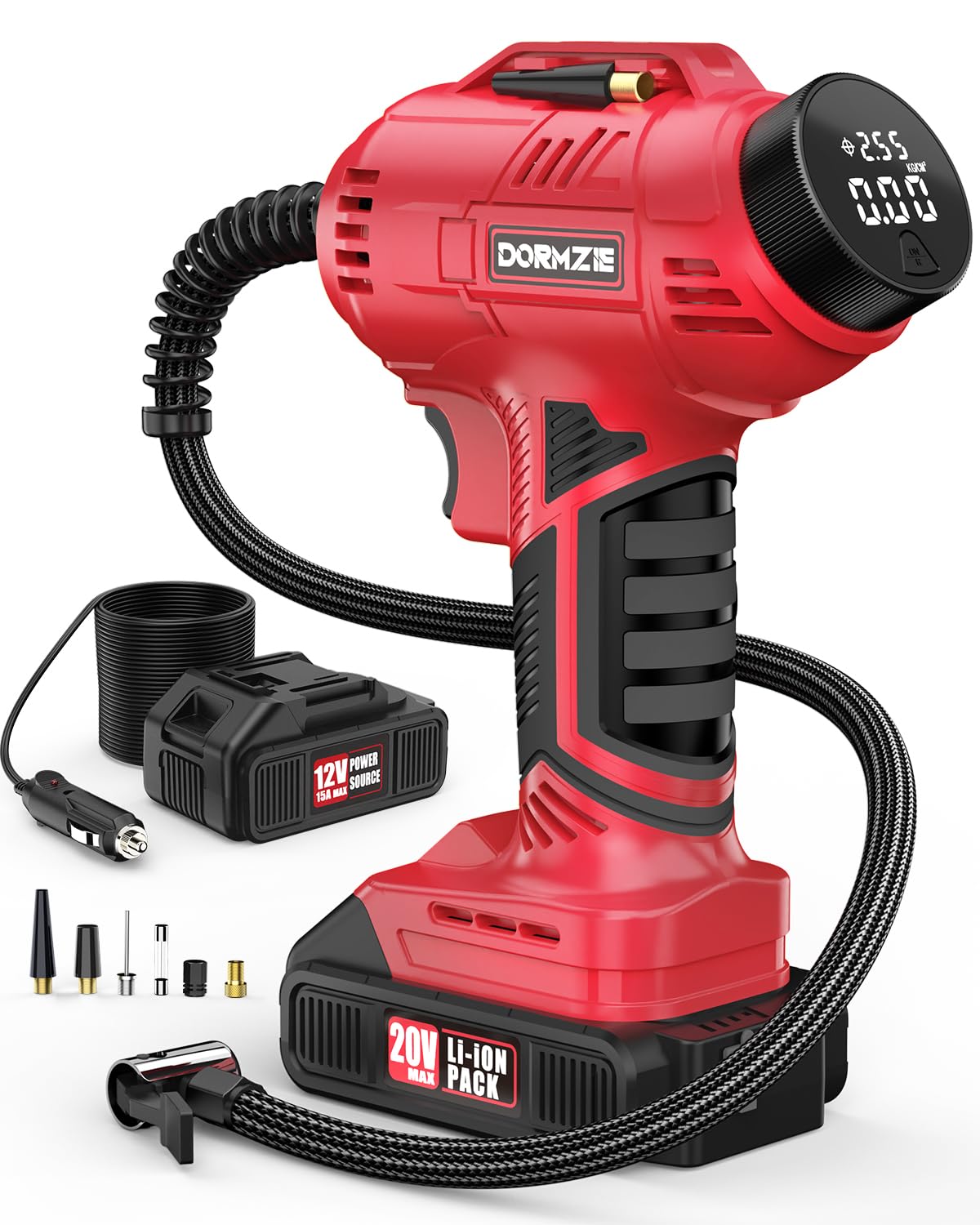 Tire Inflator Portable Air Compressor, 150 PSI Handheld Air Pump for Car Tires with 20V Rechargeable Battery, 12V Car Power Adapter, Digital Display, Ball, Motorcycle, Bike Pump