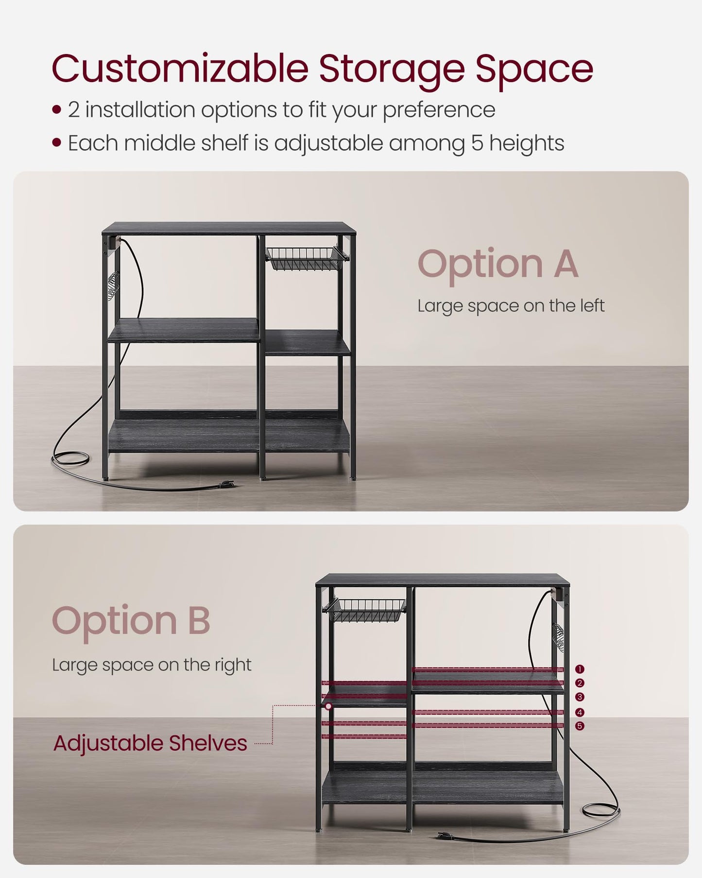 VASAGLE Baker's Rack, Coffee Bar Stand with Charging Station, Storage Shelves, Pull-Out Wire Basket, Table for Microwave, Kitchen, Charcoal Gray UKKS036B22, 15.7 x 35.4 x 35.6 Inches