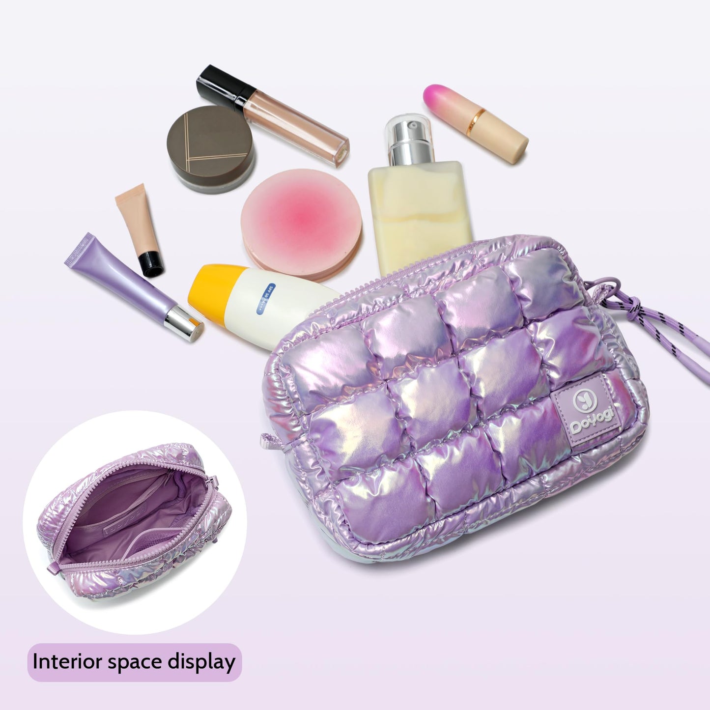 DOYOGI Quilted Cosmetic Bag, Puffer Makeup Bags, Crossbody Purses for women,Cute Travel Toiletry Bag for Women (Dazzling Light Purple)