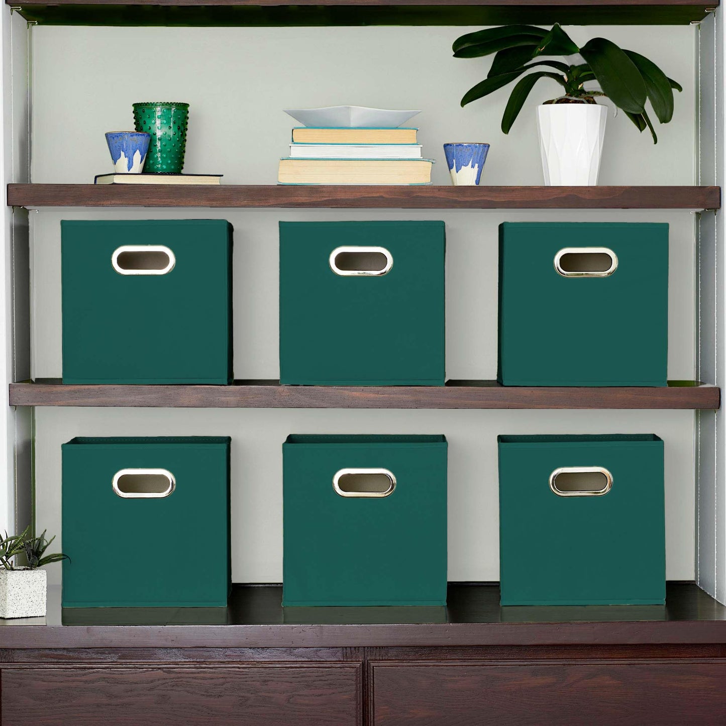 Household Essentials Fabric Storage Cube Bins, 6 Piece Set, Strong Poly-Woven Fabric, Chipboard Sides, Grommet Front Handle, Stackable and Foldable, Classic Design, Green