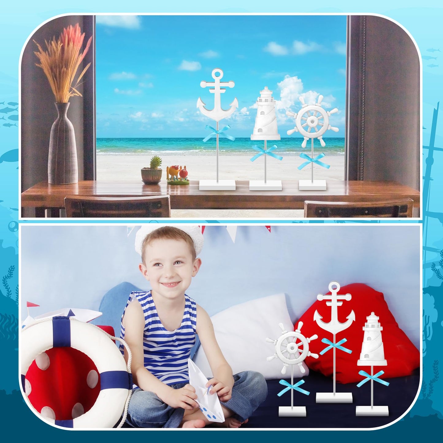 Seeloowy 3 Pcs Summer Nautical Wood Table Decor Anchor, Lighthouse, Ship Wheel Standing Centerpiece Rustic Coastal Farmhouse Beach Ocean Table Topper Sign for Home Kitchen Party