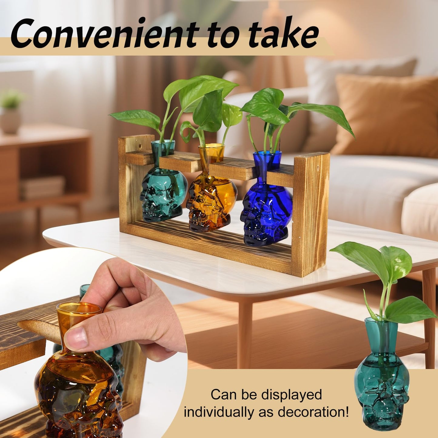 Plant Terrarium Propagation Stations Hydroponics Planter Vase Skulls Decor with Wooden Stand Gift (3*Mixed Color)