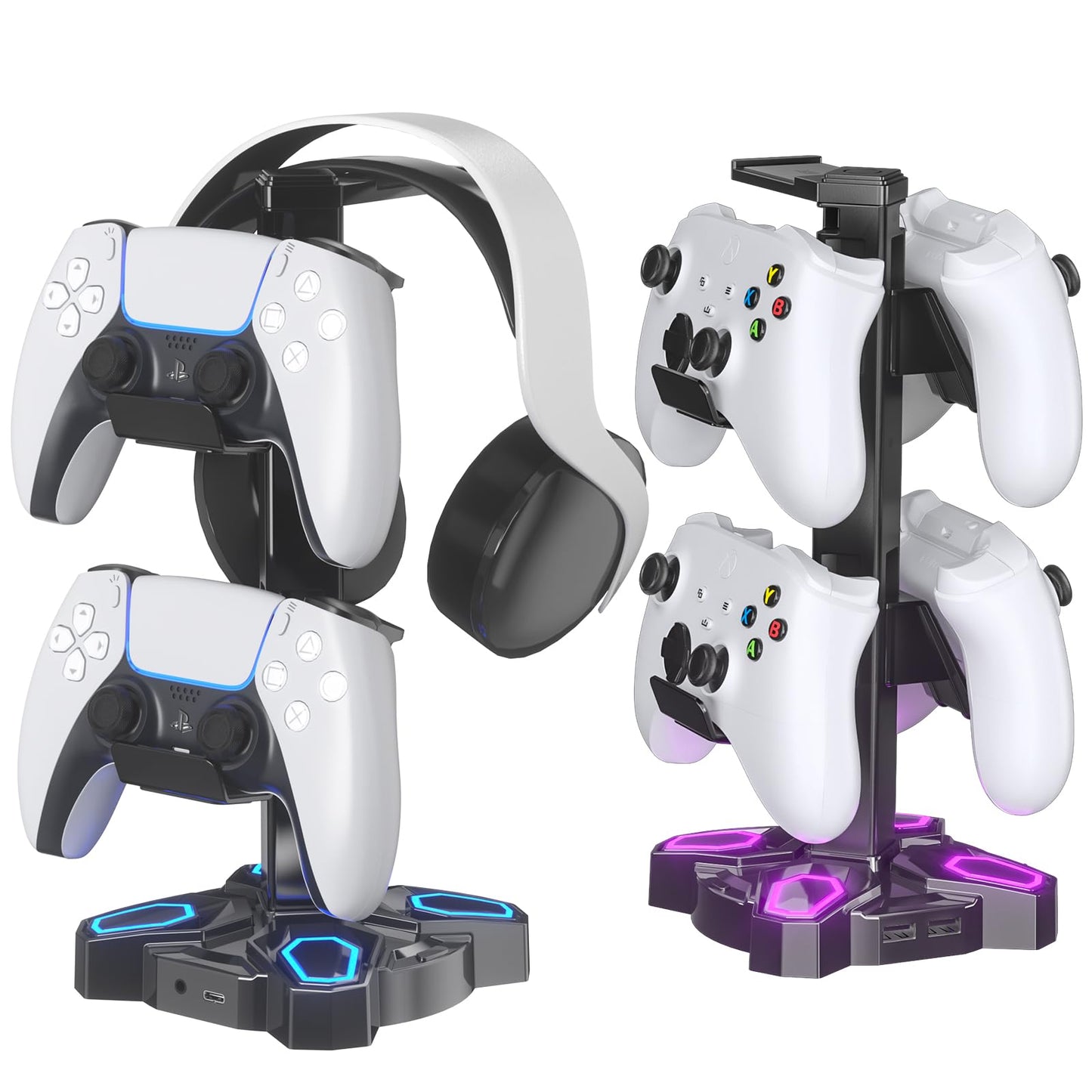 KDD Gaming Headphones Stand, Rotatable Headset Stand with Light Modes - Controller Holder with 2 USB Charging Ports and 3.5mm - Earphone Hanger Accessories for Desktop Gamer(White)