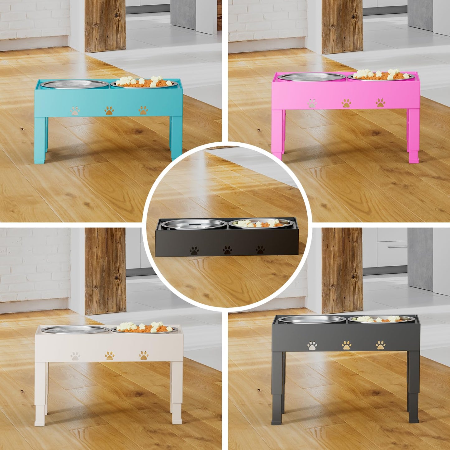 LAKIPETN Elevated Dog Bowls with 2 Stainless Steel Bowls, Raised Dog Food Bowl Stand 5 Height Adjustable (3.1", 9", 10", 11", 12") Non-Slip Feeder Set for Medium and Large Dogs - Pink