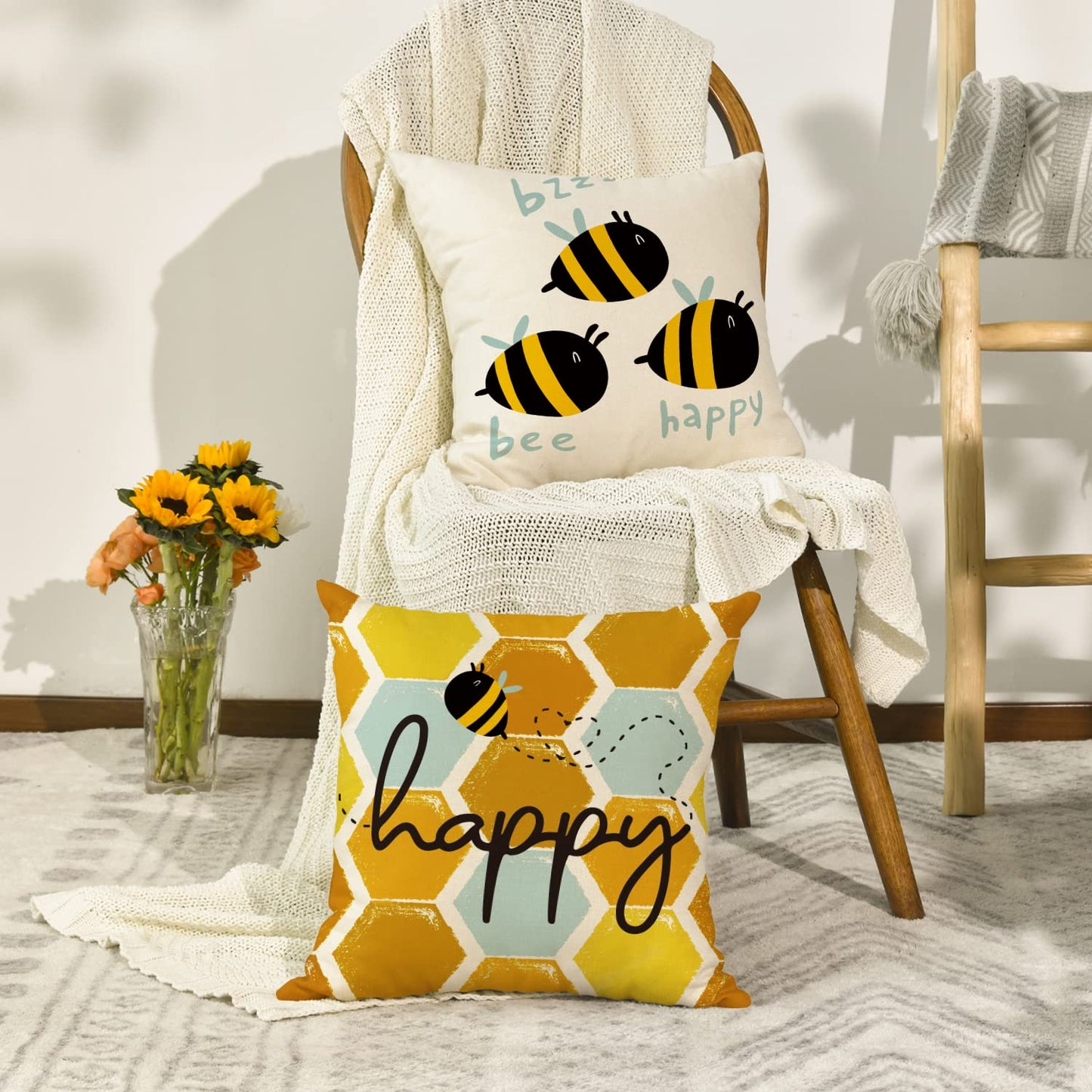 AVOIN colorlife Bee Happy Hello Sunshine Throw Pillow Covers, 18 x 18 Inch Honeycomb Sunshine Summer Cushion Case for Sofa Couch Set of 4