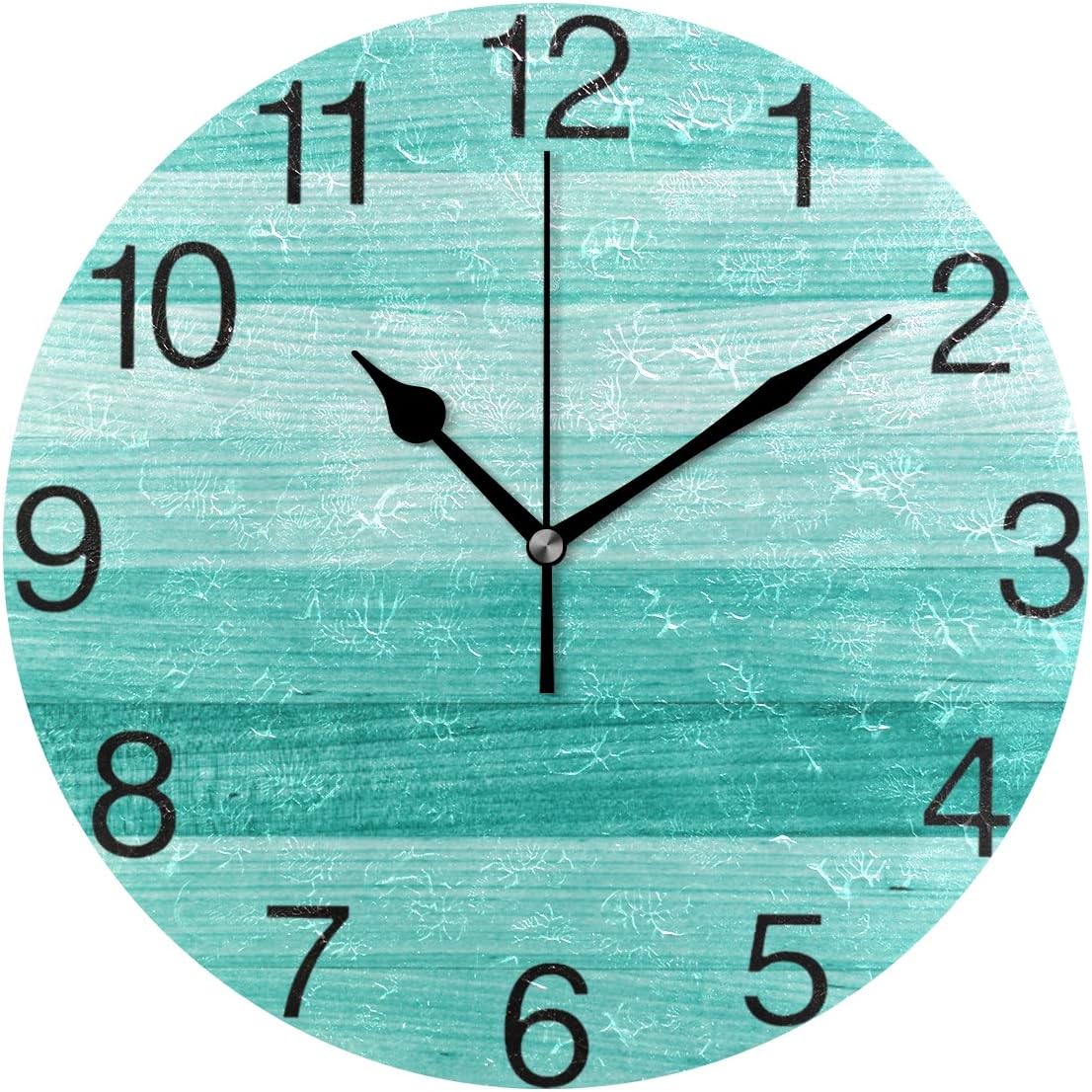 senya Teal Turquoise Green Wood Round Wall Clock, Silent Non Ticking Oil Painting Decorative for Home Office School Clock Art