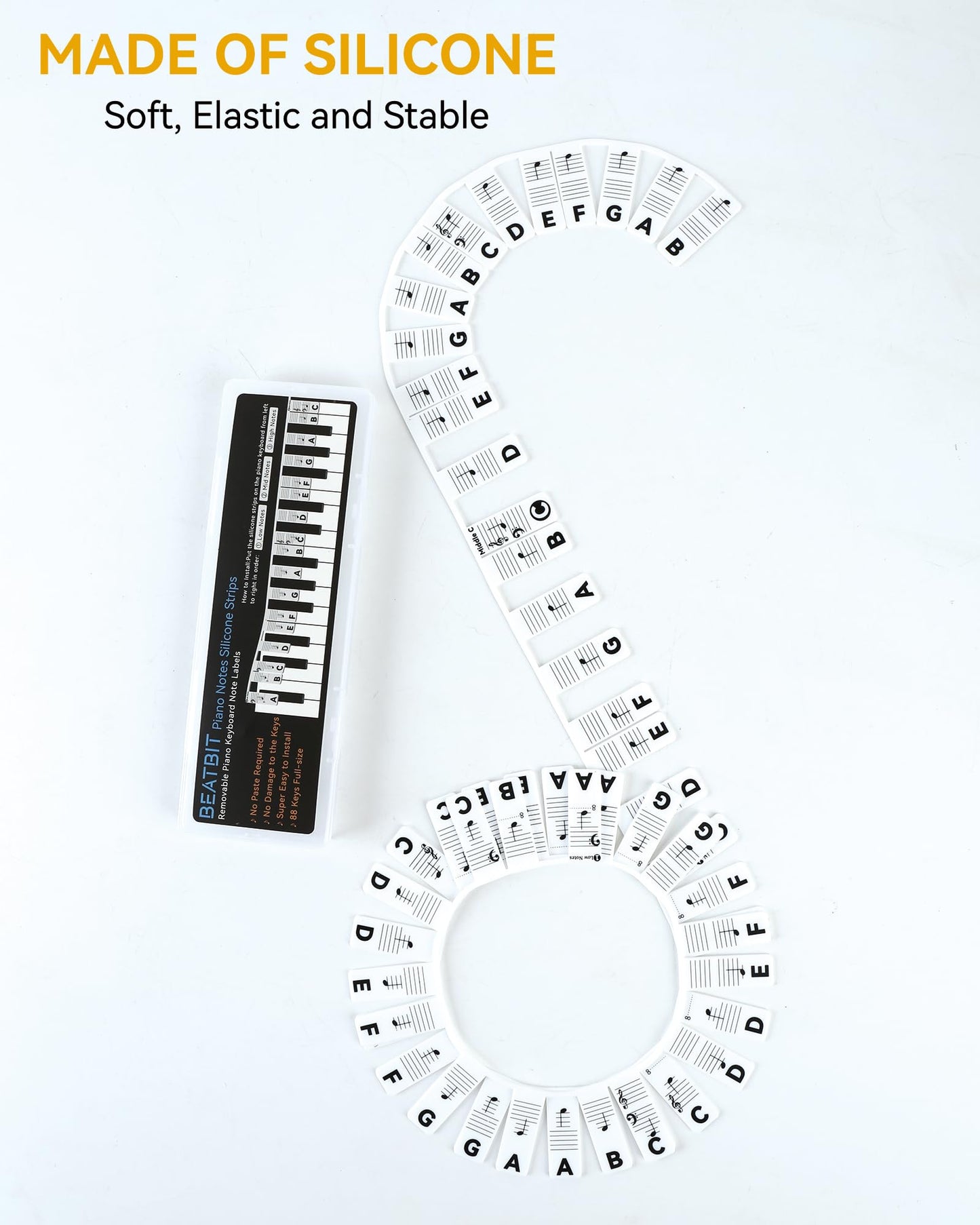 BEATBIT Piano Notes Guide for Beginner, Removable Piano Keyboard Note Labels for Learning, 88-Key Full Size, Made of Silicone, No Need Stickers, Reusable and Comes with Box (Classic Black）