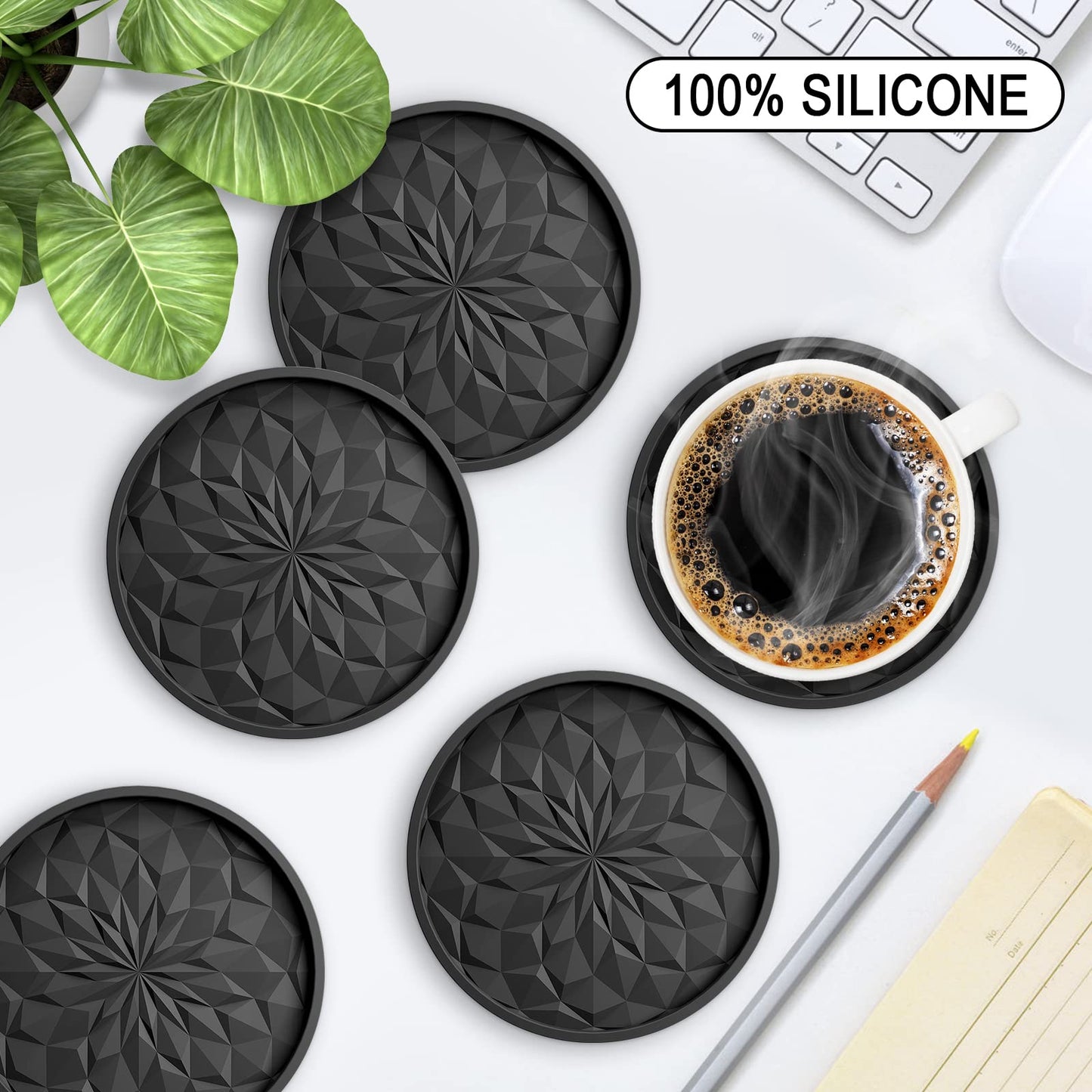 ME.FAN Silicone Coasters with Holder,[6 Pack] Drinking Coasters - Cup Mat for Hot or Cold Drinks, Thickened, Non-Slip, Non-Stick,Deep Tray Black