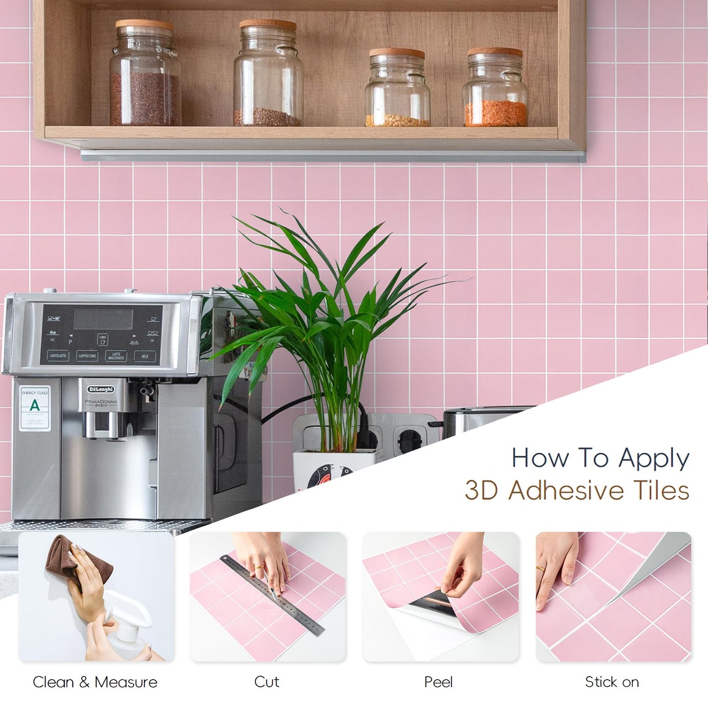 HOMEART Pink Peel and Stick Backsplash Square Tile, 3D Self Adhesive Stick on Backsplash Wall Tile Stickers for Kitchen Bathroom (10 Sheets, 12"x12")