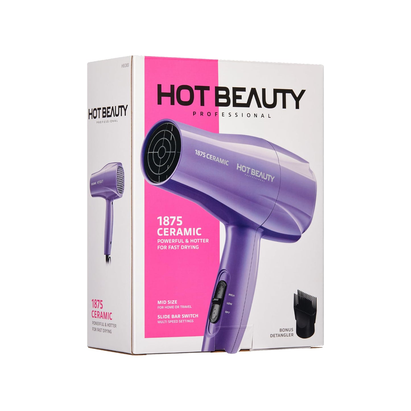 Hot Beauty 1875 Ceramic Hair Dryer, Powerful Fast Drying, Multi-Setting with Comb Attachment, Additional Detangler Included, Slide Bar Switch, Compact for Home & Travel (Purple)