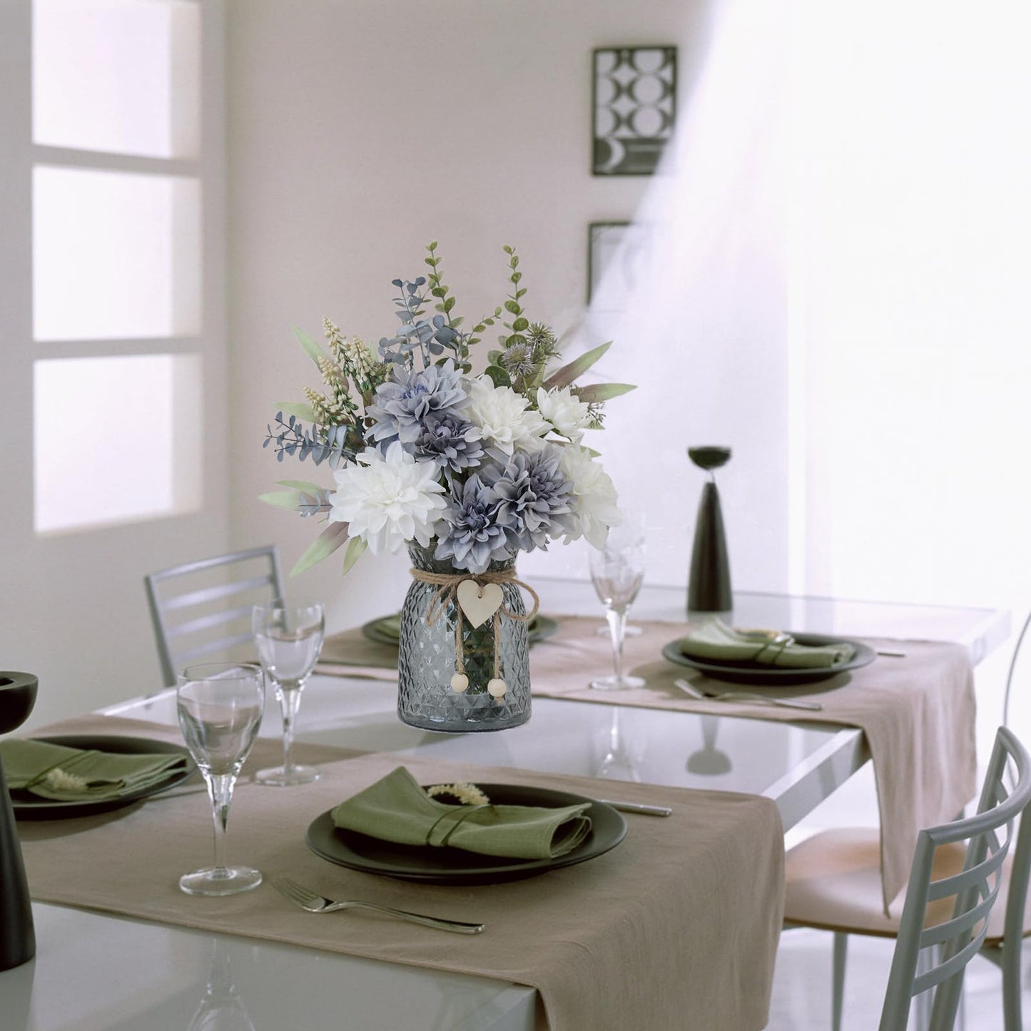 SHINFHOMF Fake Flowers in Vase,8 Dahlias,Silk Artificial Flowers in Vase,Centerpiece Table Decorations,Faux Flowers in Vase with a Flower Arrangement Holder