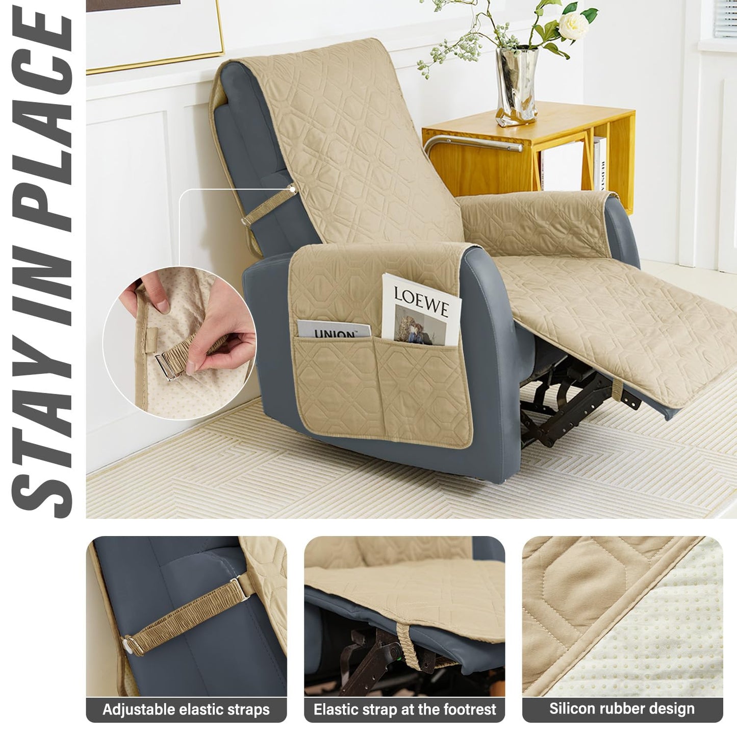 SOFTOWN Recliner Chair Cover Sofa Slipcover Non-Slip Chair Couch Cover Machine Washable Furniture Protector with Straps for Dogs(Beige, 23inch Recliner)