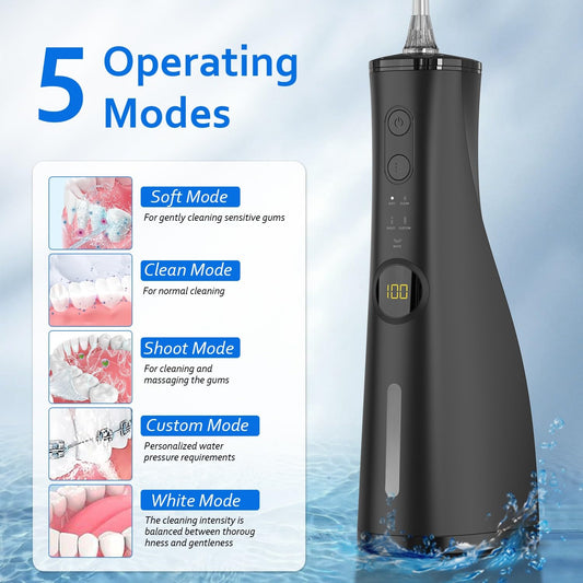 Water Dental Flosser Electric Oral Irrigator 300ML Large Tank 5 Replaceable Jet Tips IPX7 Waterproof Teeth Cleaner Flossing Cleaning Picks for Home and Travel