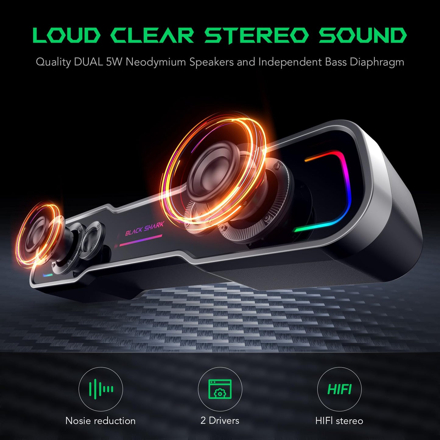Black Shark BS-SP1 Bluetooth Computer Speakers for Desktop, 5 Colorful Lights Gaming PC Speaker with Stereo Sound, USB C/USB Powered Sound-bar for Computer Desktop PC Monitor Laptop