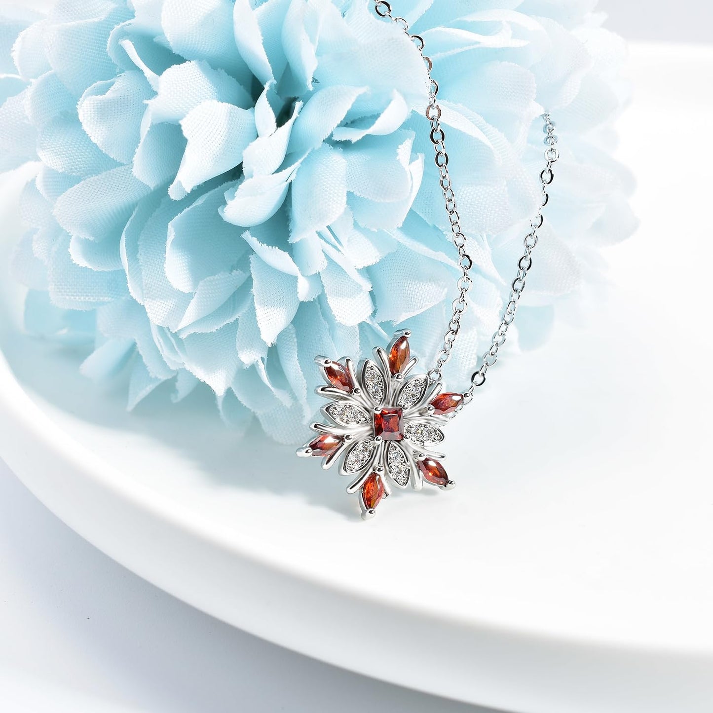 Elensan Women's 925 Sterling Silver Blue Crystals Snowflake Pendant Fashion Necklace Collarbone Chain (Red)