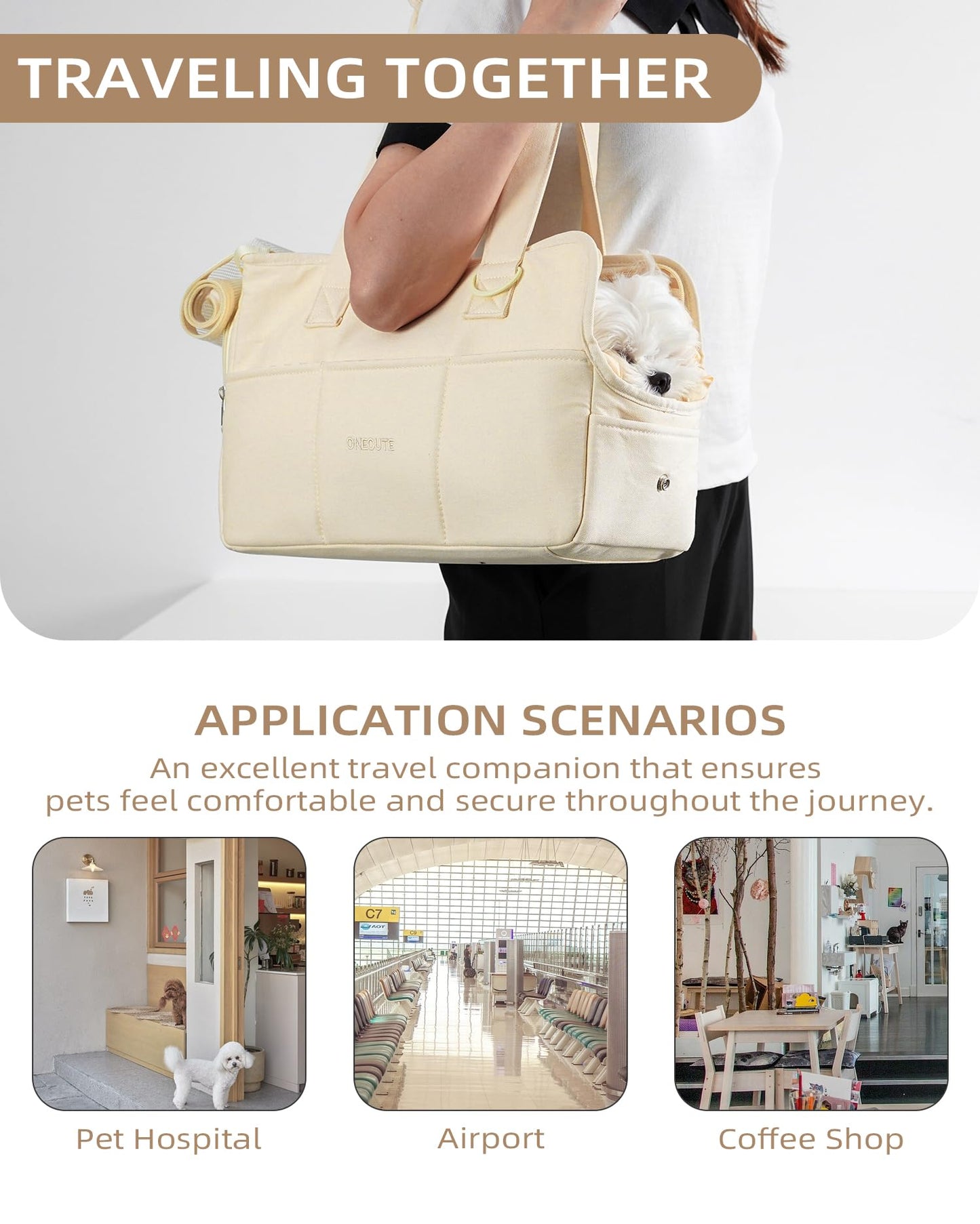 ONECUTE Dog Purse Carrier for Small Dogs Rabbit cat with Large Pockets, Cotton Bag, Dog Carrier Soft Sided, Collapsible Travel Puppy Carrier (Beige, 13.6" L x 6.5" W x 10" H)