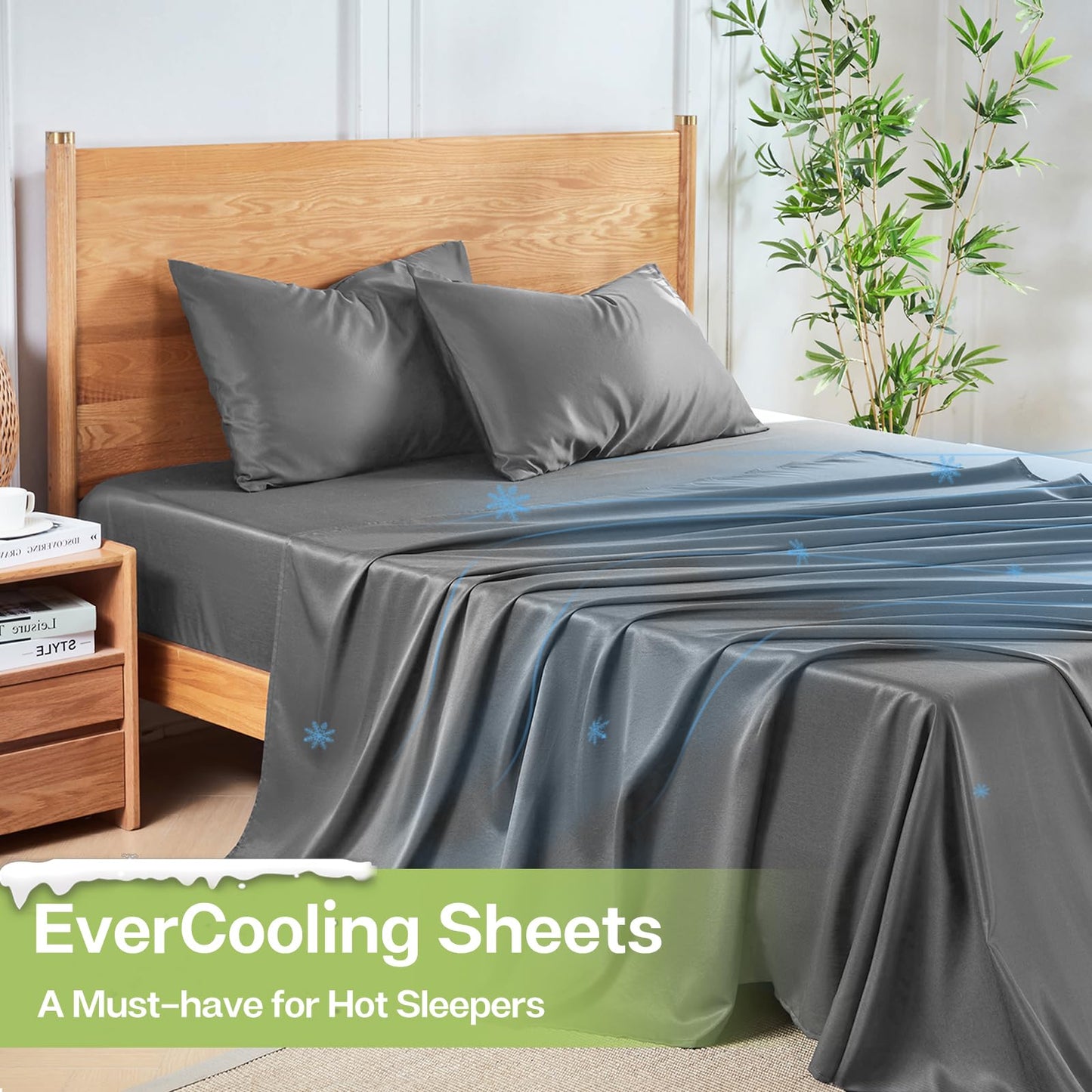 MR&HM Queen Sheet Set, 4-Piece Cooling Sheets, Rayon Derived from Bamboo & Polyester Blend, Soft & Silky, 15" Deep Pockets with Elastic Straps, Hotel Luxury for Hot Sleepers, Grey