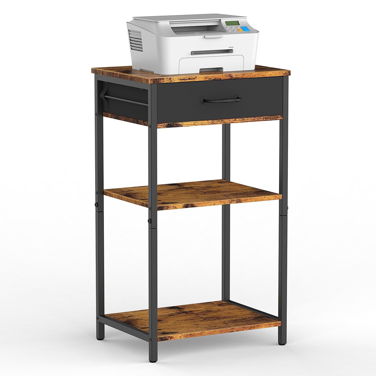 NORCEESAN Printer Stand with Storage, 3 Tier Printer Table for Small Spaces Nightstand with Fabric Drawers Office Side Table with Shelves Industrial Wood Night Stand for Home, Rustic Brown
