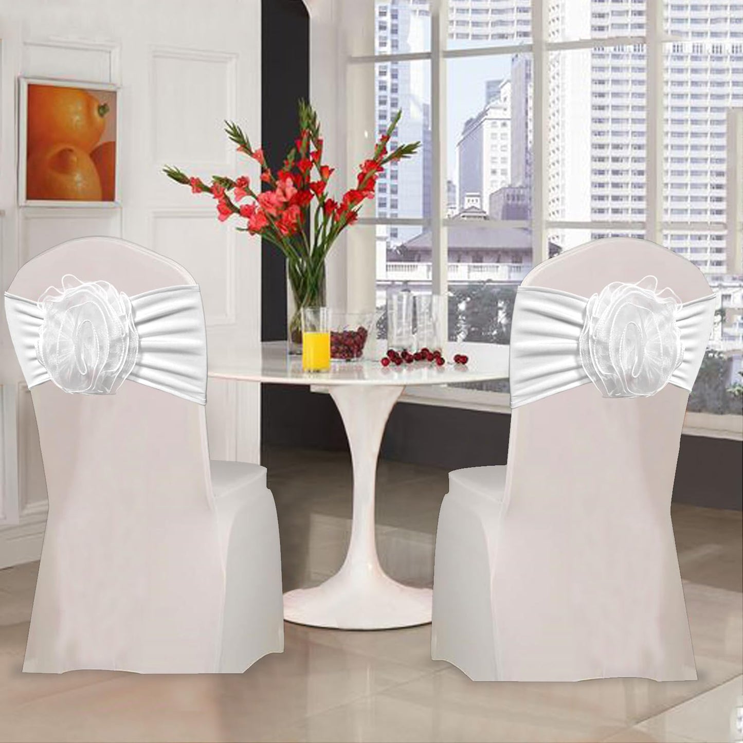 SFN 2 PCS White Flower Chair Sashes Chair Cover Chair Spandex Bands Bows tie for Thanksgiving Christmas Wedding Banquet Birthday Party Events Hotel Decoration