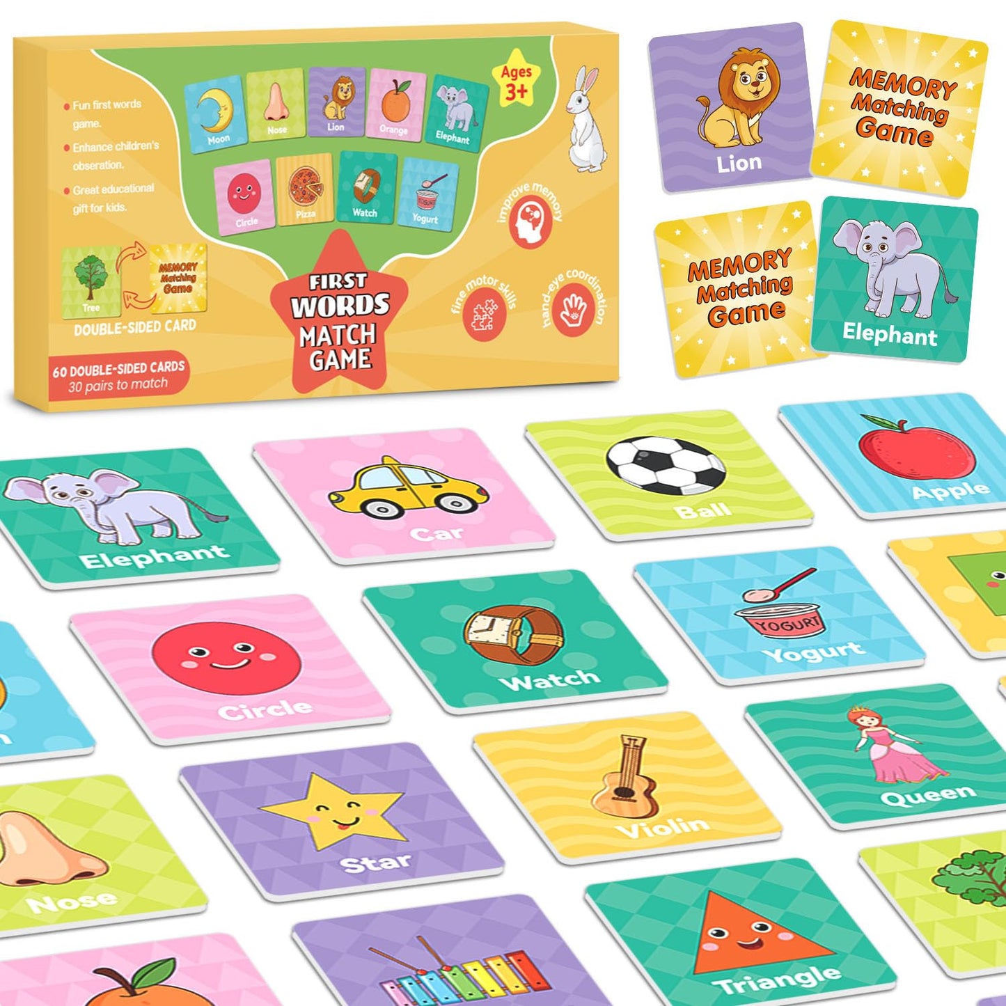 CVC Word Games Kindergarten, Memory Games for Kids Ages 4-8 & Matching Games for Toddlers 3-5, 60 PCS Phonics Games Flash Cards, Educational Toys Homeschool Supplies for Boys and Girls