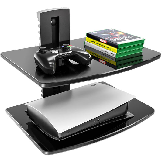 FITUEYES 2 Tiers Floating Shelves for Wall Under TV DVD Shelf Wall Mount Shelves Hold up to 22lbs Tempered Glass for PS4, Xbox, Game Console and Cable Box Black