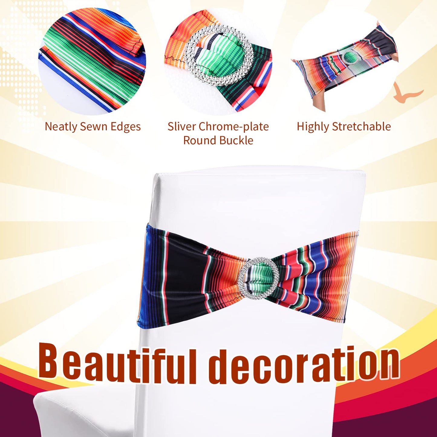 Newwiee 48 Pieces Mexican Theme Stretch Chair Sashes Dining Spandex Chair Sashes Bands with Buckle for Wedding Event Fiesta Party Favor Ceremony Reception Banquet Mardi Gras Decoration (Retro)