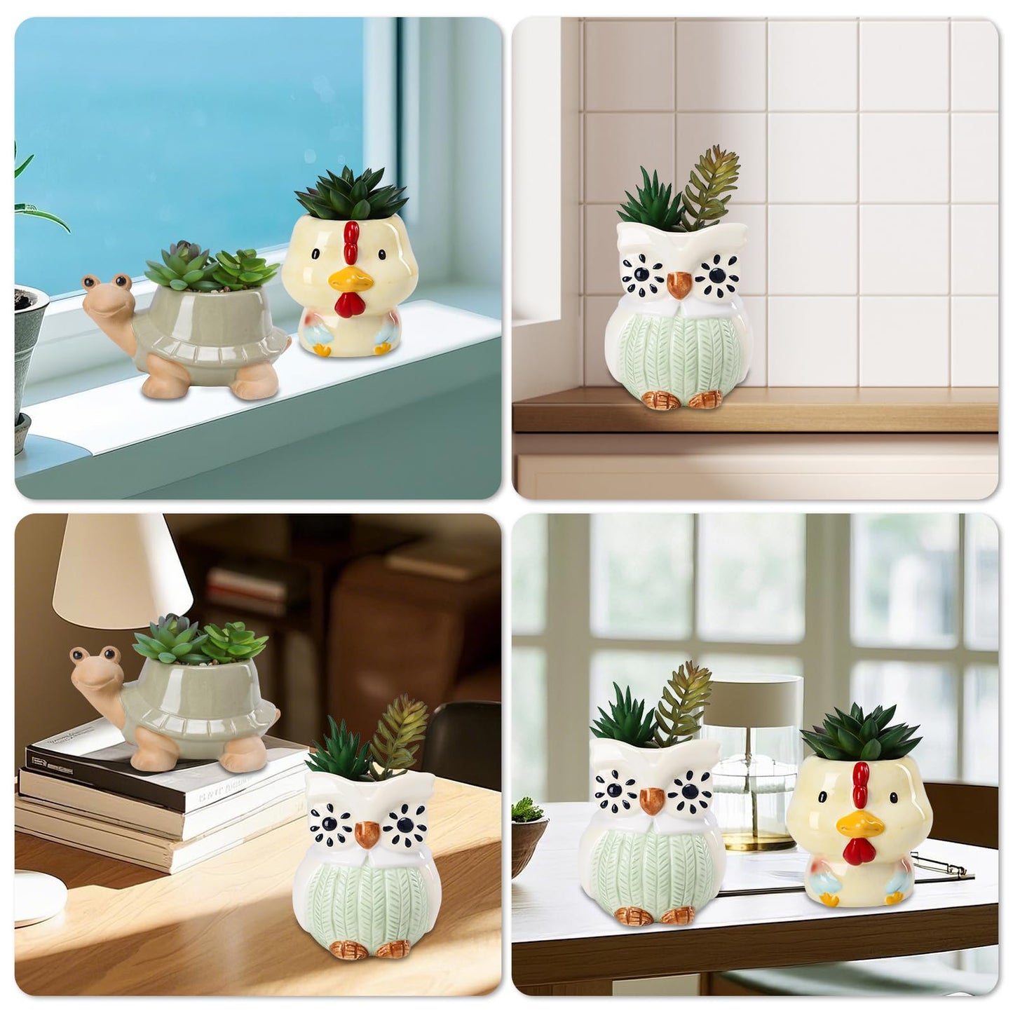 VCUTEKA Artificial Plant Mini Fake Plants Small Succulents Plants in Cute Animal Ceramic Pots for Home Bathroom Bedroom Office Desk Decorations Shelves Indoor Table Decor 3 Pack Turtle Chicken Owl