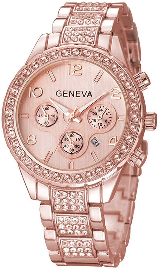 Luxury Unisex Crystal Diamond Watches Quartz Digital Calendar Rose Gold Silver Stainless Steel Watch (Rose Gold)