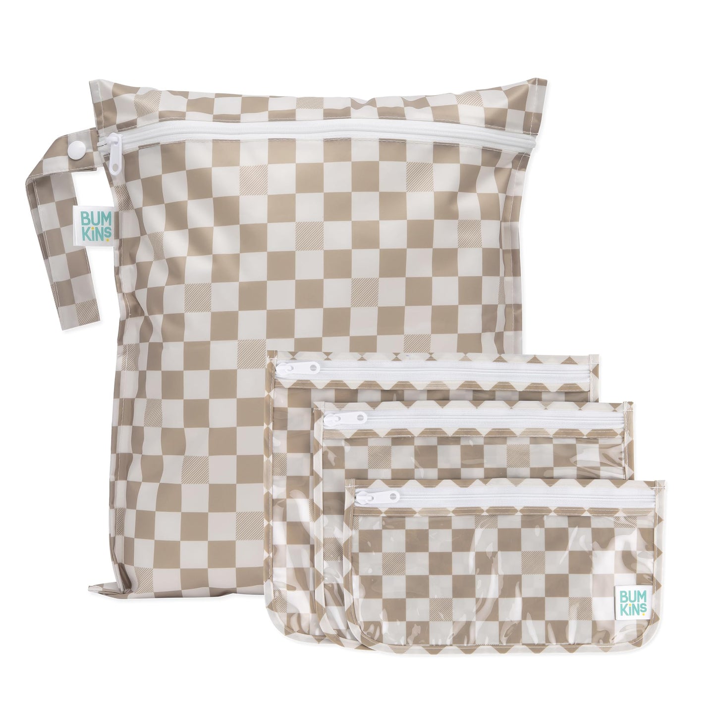 Bumkins - Waterproof Wet Bag & Clear Travel Bags - For Beach, Baby, Travel, Swim Suit, Cloth Diapers, Pump Parts, Pool, Gym, Toiletries - Reusable & Easy to Clean - Beige Check - 4 Pack