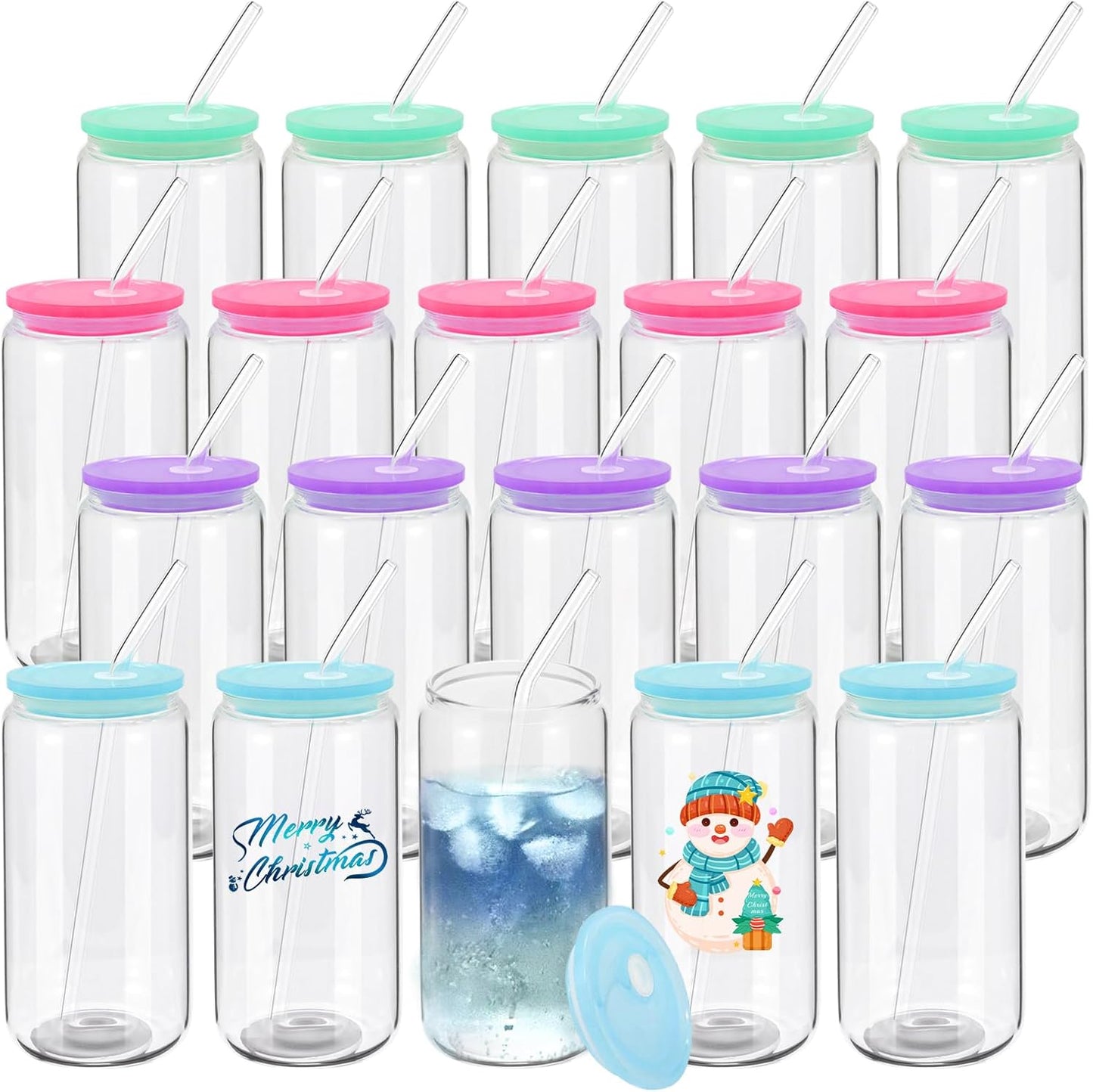 20 Pack Drinking Glass Cups with Acrylic Lids and Glass Straw Beer Can Shaped Drinking Glasses Cups, Glass Tumbler Reusable Cute Cups for Whiskey, Iced Coffee, Tea, Soda, Cocktail, Gift, Clear 16oz