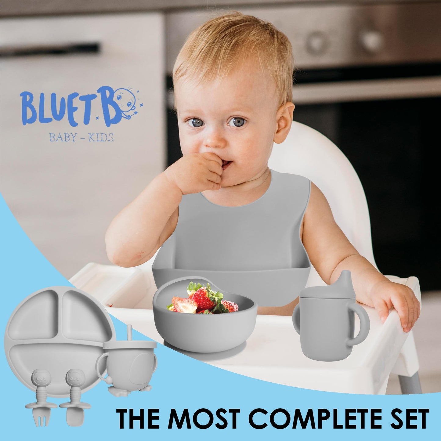 Bluet B- Silicone Baby Feeding Set with Pacifier - Baby Led Weaning Supplies - Baby Spoons, Suction Bowl - Plate - Baby Utensils Set - Silicone Feeding Set for Baby First Foods - 11pcs - Gray