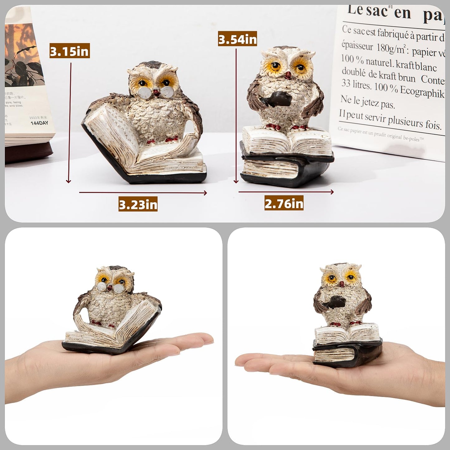 Adorable Reading Owl Statue, 2 Wise Owl Thinker Sculptures Home Decor Accents, Retro Animal Decor Owl Figurines for Living Room Bedroom Office TV Stand Tabletop Shelf Mantel, Gift for Men Birds Lover