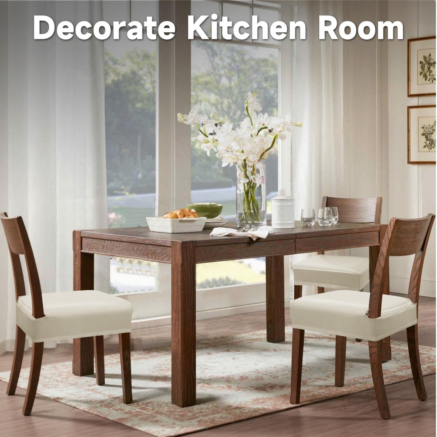 Lufyzora Leather Seat Covers Dining Chairs Waterproof Kitchen Chair Seat Covers Set of 2, Wipeable 4-Sided Super Elastic PU Chair Covers Dining Chairs for Dining Room and Dust Resistant(Cream, 2PCS)