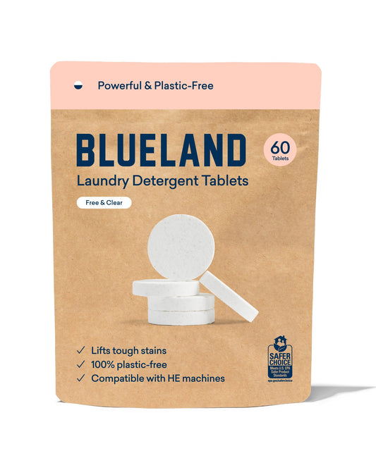 BLUELAND Laundry Detergent Tablets, Starter Set, 60 Count with Tin, Plastic-Free Eco-Friendly Pods, Sheets, Liquid Alternative - Fragrance Free and Clear, Natural, Gentle