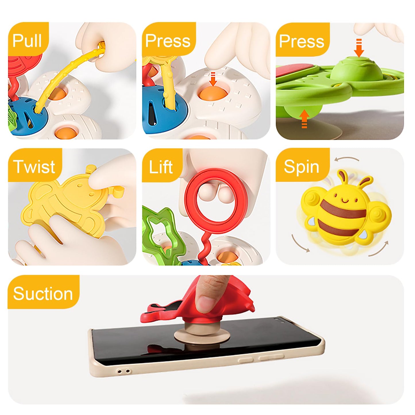 GeeKiPrime Montessori Toys Set for Baby 3 6 12 18 Months, 2-in-1 Silicone Pull String & 3 Insect Spinner Sensory Toy, Teething & Fine Motor Skills Development, Toddler Gift for Boys & Girls 1 2 Year