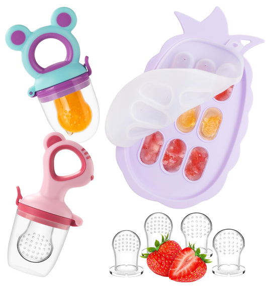 Baby Fruit Feeder & Baby Breastmilk Popsicle Molds, Baby Food Freezer Tray Storage Containers, Silicone Pacifier Feeder and Teether, Includes 6 Extra Food Pacifier