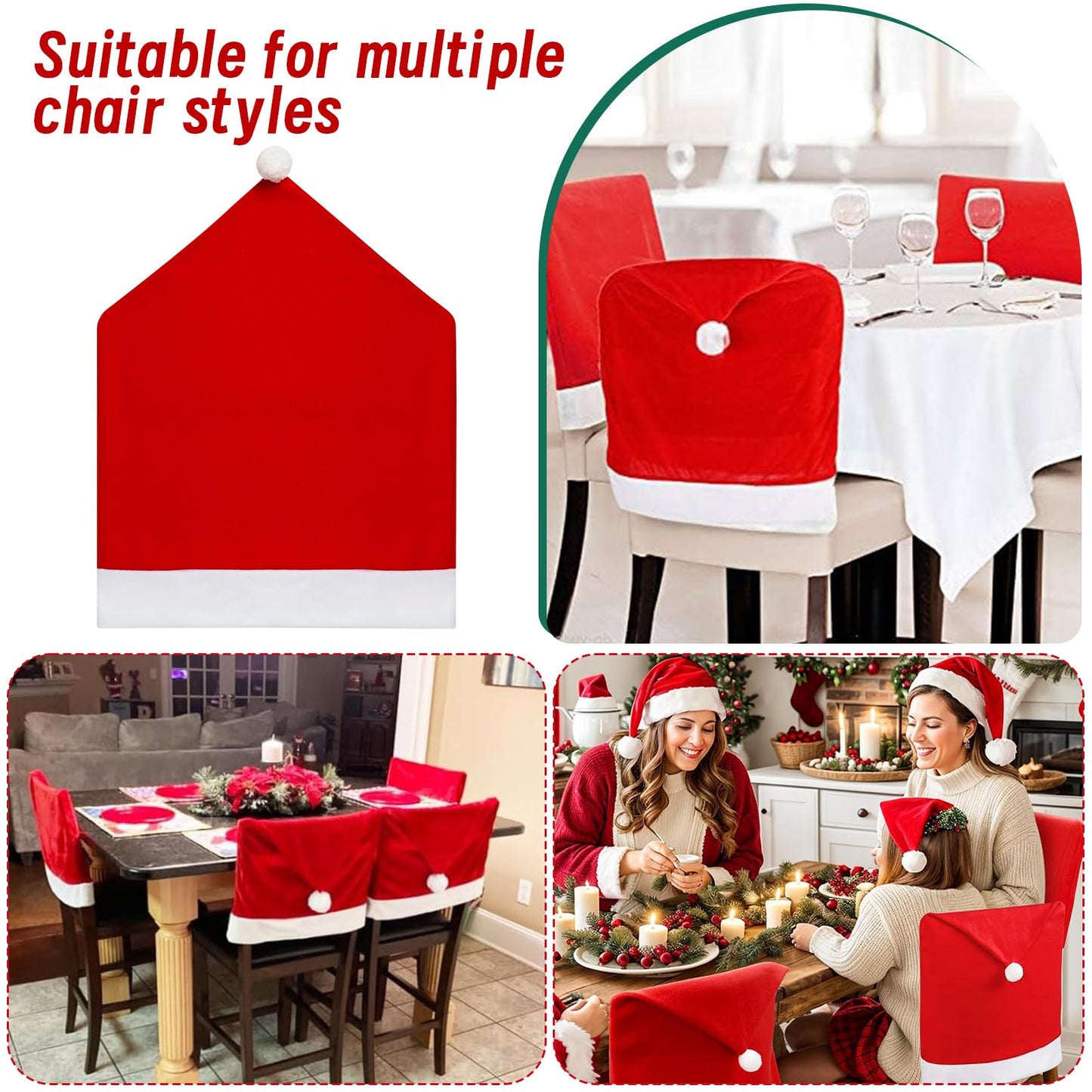 Poxtedsr Red Hat Dining Chair Slipcovers 4pcs, Christmas Chair Covers Set, Kitchen Chair Cover Xmas Indoor Decor Ornaments Set for Christmas Holiday Festival Decoration