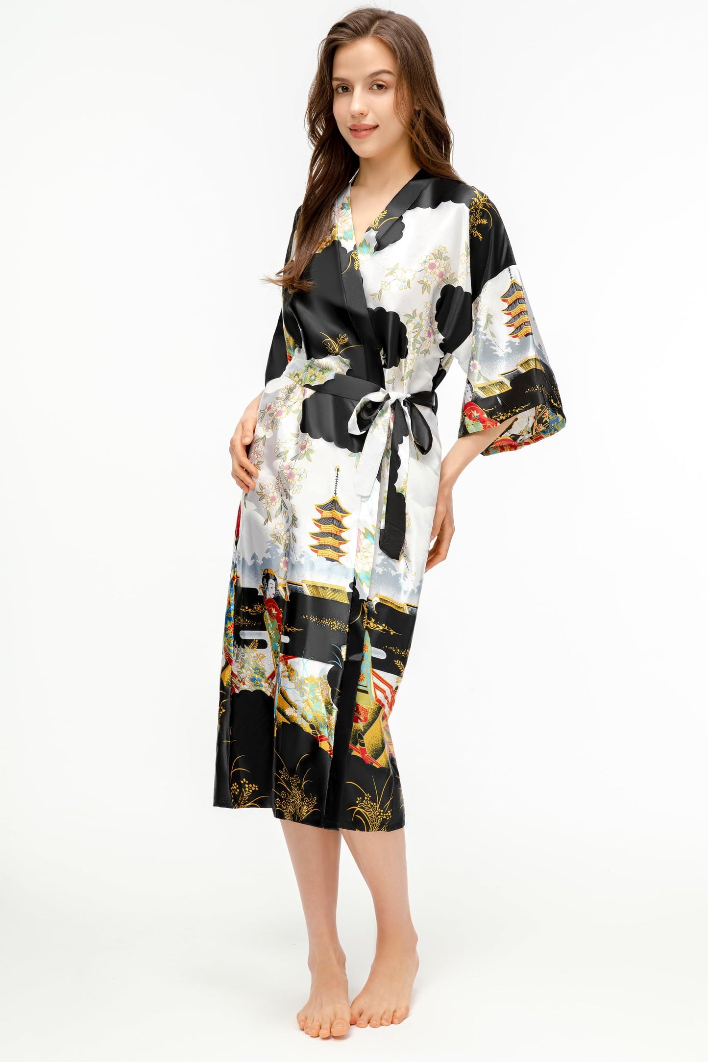 PRODESIGN Kimono Robe for Women - Long Satin Sleepwear Silky Kimono Cover-Up Nightgown Japanese Bathrobe Loungewear Blouse