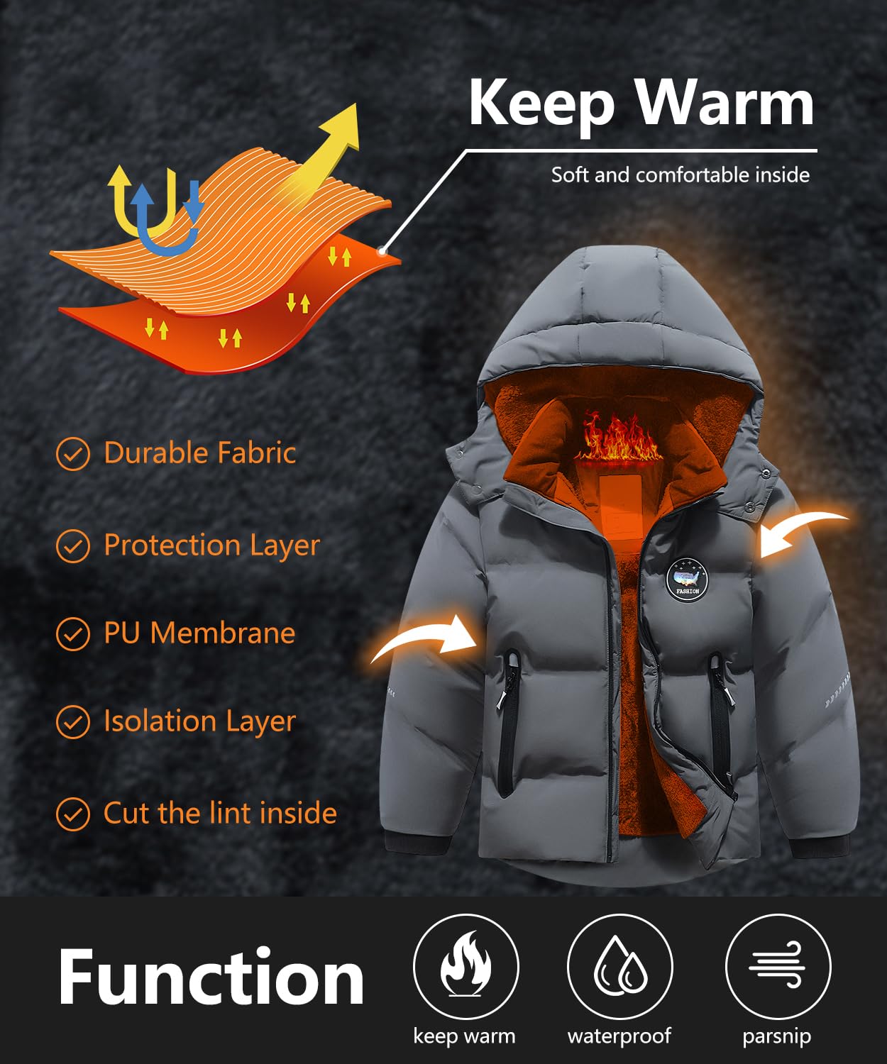 BYLESIN Kids Boy's Winter Coat Fleece Lined Waterproof Jacket Puffy Cotton Coat Thick Hooded Down Outdoor Coats