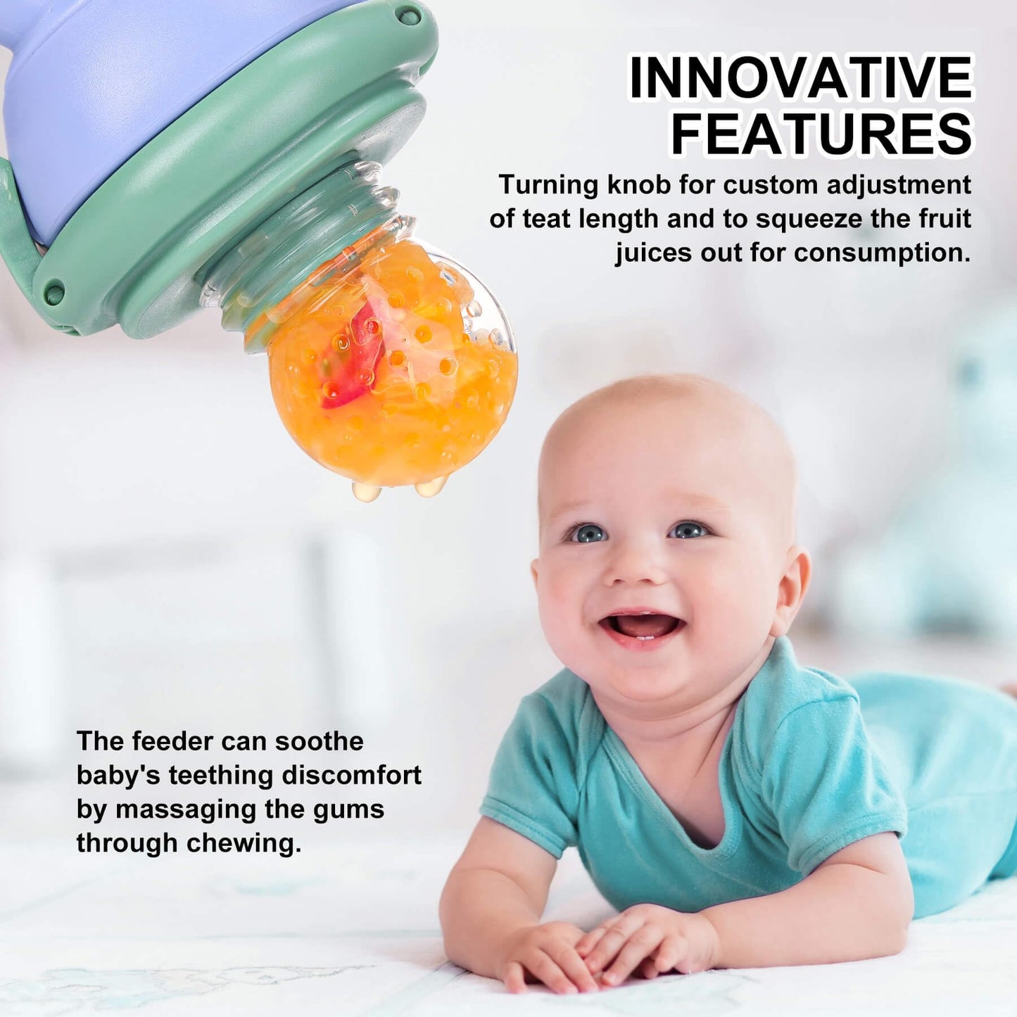 Baby Fruit Food Feeder Pacifier - Fresh Fruit Teething Toy 6M+, BPA Free Safely Introduce Solids Teething Relief Toy Includes Add Silicone Sacs, 2-Pack (Blue)