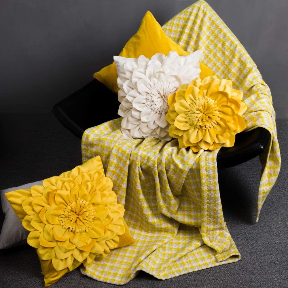OiseauVoler Decorative 3D Flower Throw Pillow Covers Soft Velvet Handmade Pillowcases Cushion Covers for Couch Bed Living Room Home Decor 18x18 Inch Yellow