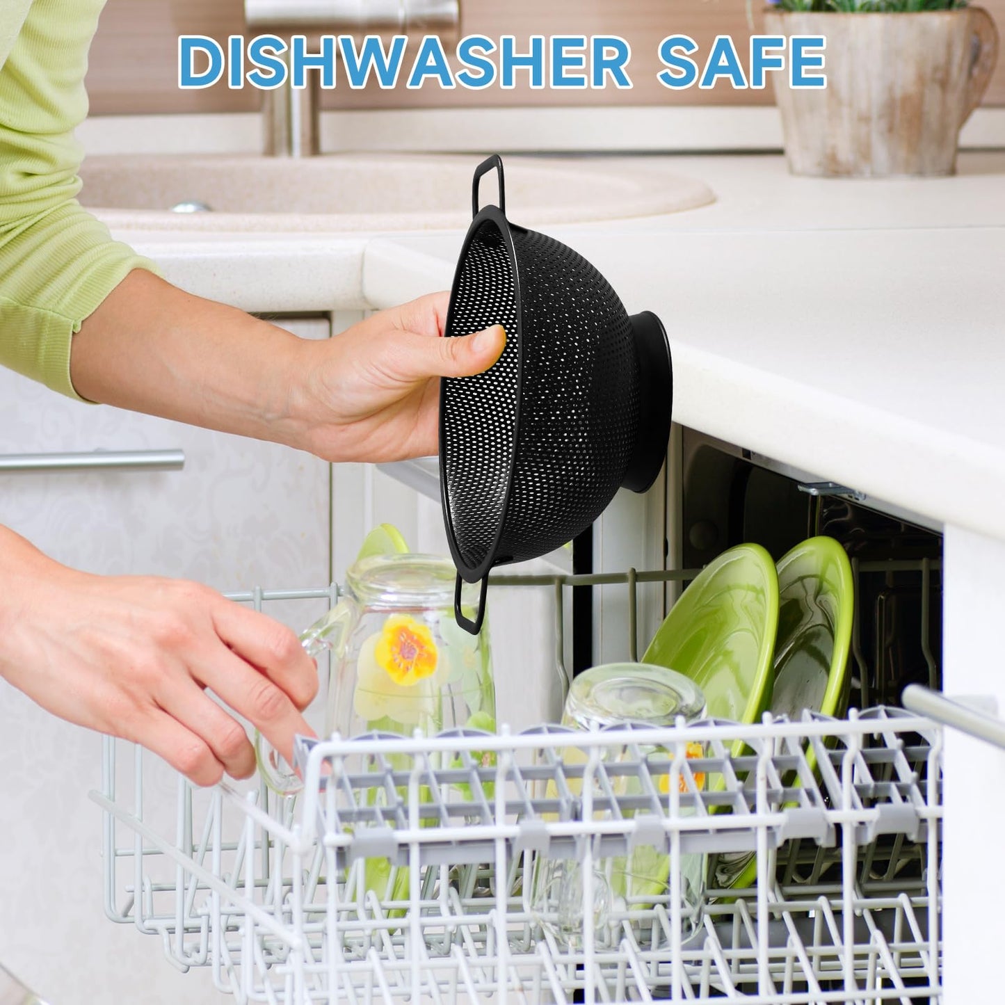 Black Colander for Kitchen, 3QT, Stainless Steel Pasta Strainer with Handle, Pasta Strainer for Fruits Vegetables Cooking Food, Dishwasher Safe