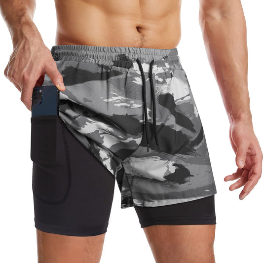 Surenow Mens 2 in 1 Running Shorts Quick Dry Athletic Shorts with Liner, Workout Shorts with Zip Pockets and Towel Loop (Gray-Camouflage, L)