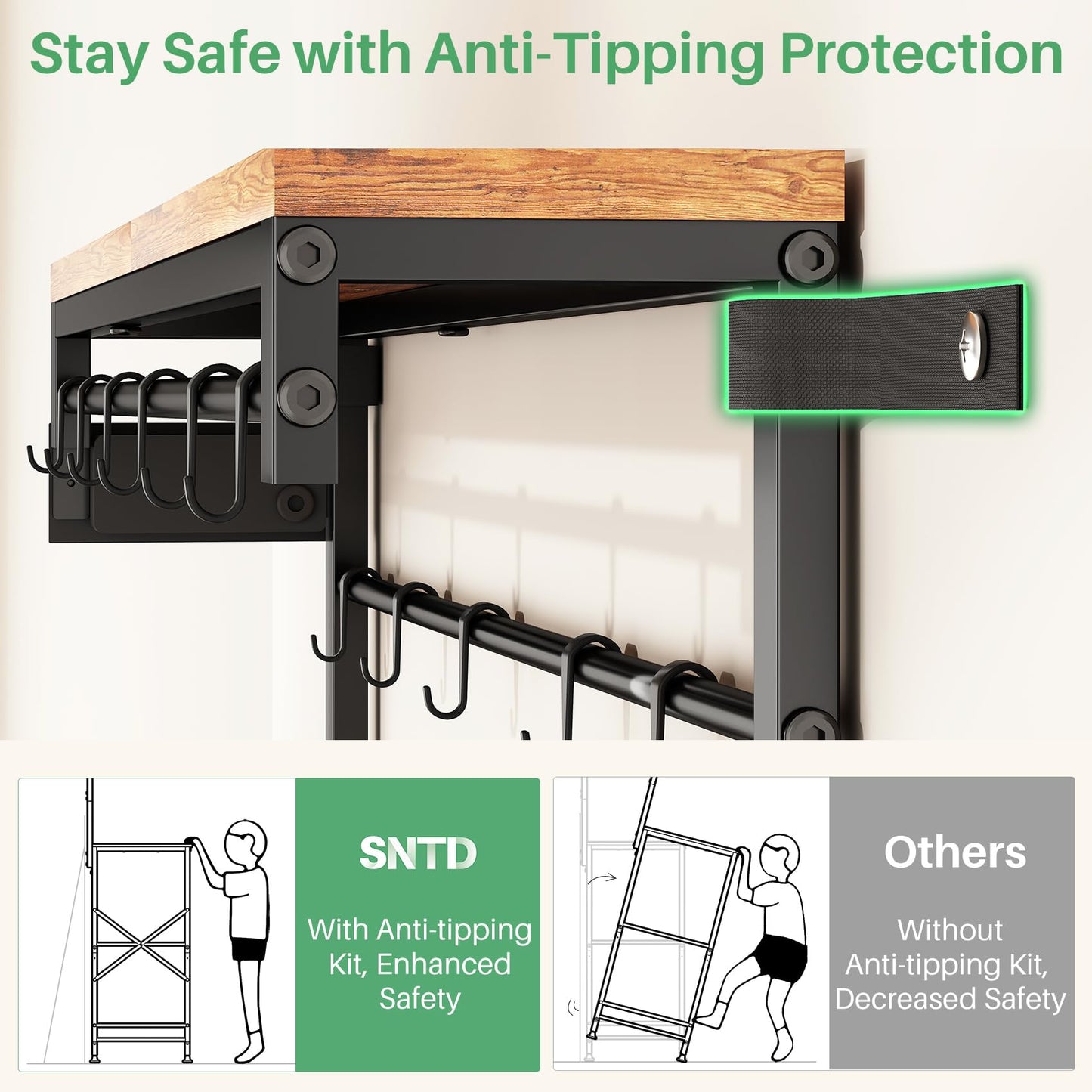 Kitchen Bakers Rack with Power Outlet 10 Hooks, 4 Tiers Coffee Bar Station Cabinet, Microwave Stand with Storage (Rustic Brown, 21.7 x 14.2 x 49.6 Inch)