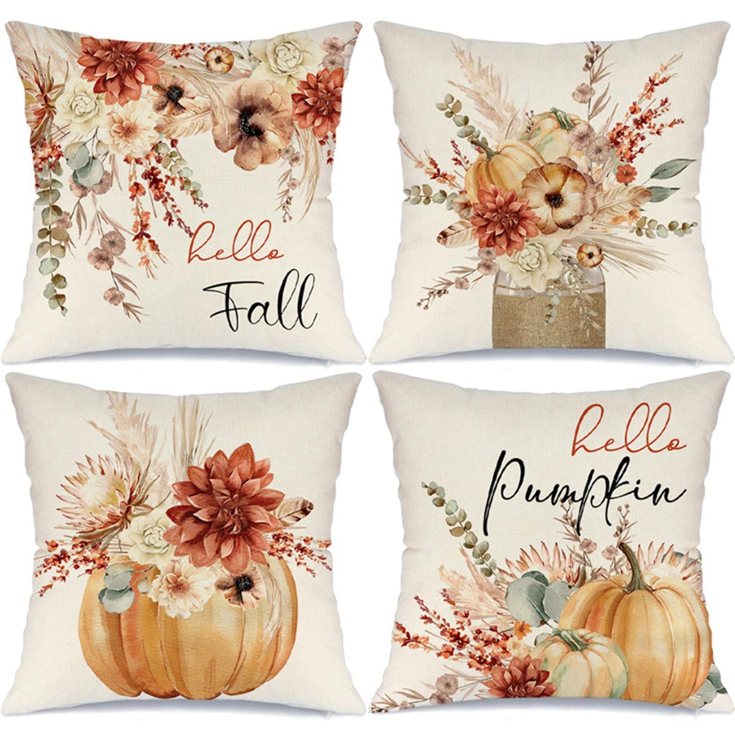 MODOVOS Fall Pumpkin Throw Pillow Covers Thanksgiving Farmhouse Decorations Wheat Floral Outdoor Fall Decor Pillow Covers 18x18 Set of 4 Harvest Autumn Cushion Case for Sofa Couch