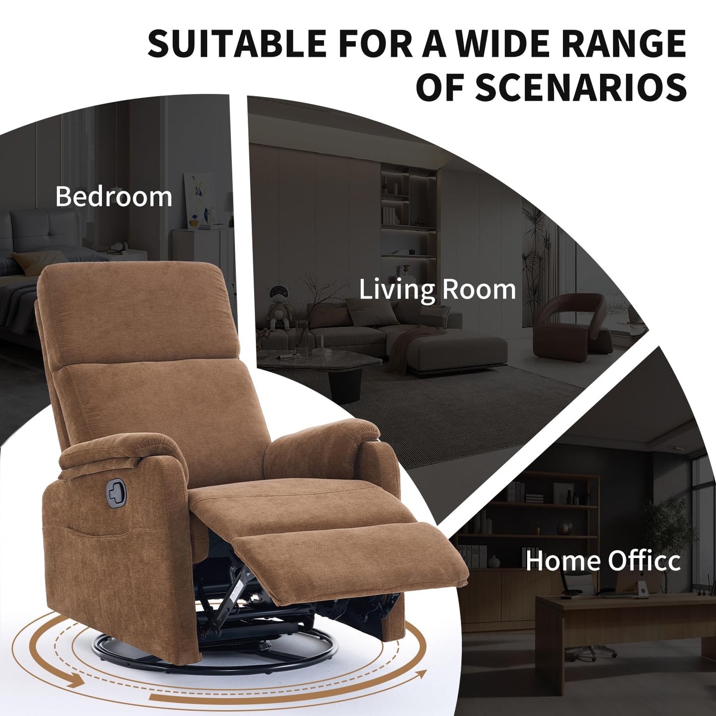 Recliner Chair, 360 Swivel Rocker Chair for Adults, Small Rocking Recliner Chair for Small Spaces, Upholstered Fabric Glider Recliner Nursery with Side Pockets for Living Room, Fabric Brown