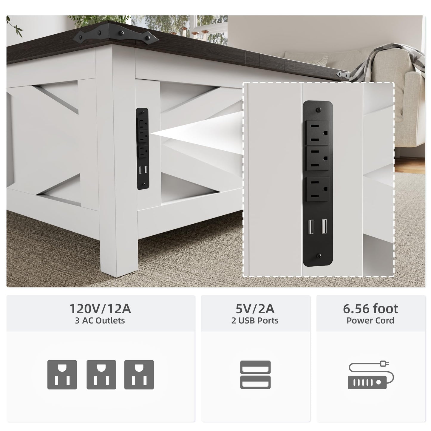 Buytime Farmhouse Lift Top Coffee Table with Storage, Wood Square Center Table with Charging Station, Living Room Table with Large Hidden Space, Rustic White