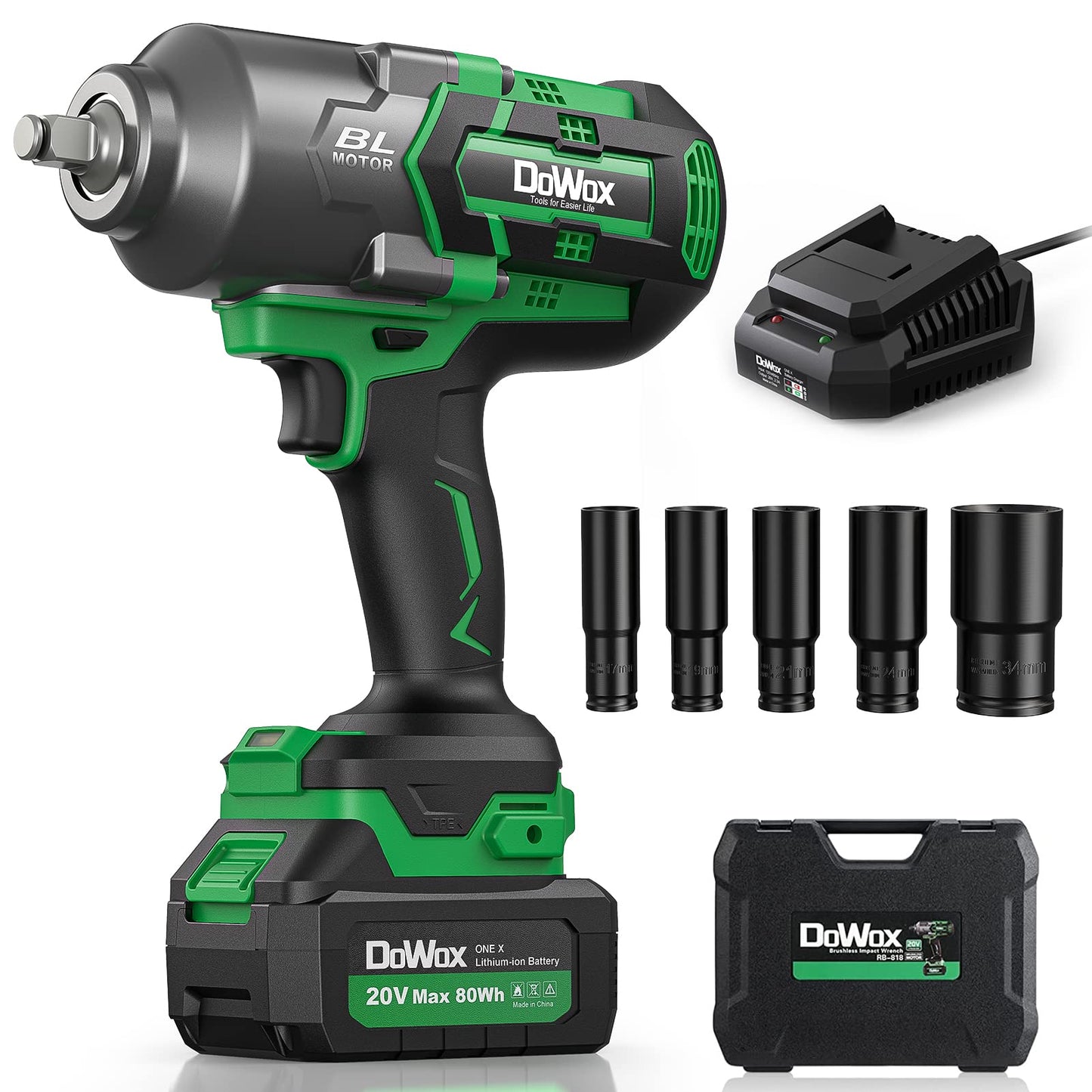 DOWOX Cordless Impact Wrench 1/2 Inch, High Torque 1200 Ft-lbs Brushless Impact Gun, 20V Power 4.0 Ah Battery, Fast Charger, 5 Pcs Sockets and Tool Box Kit