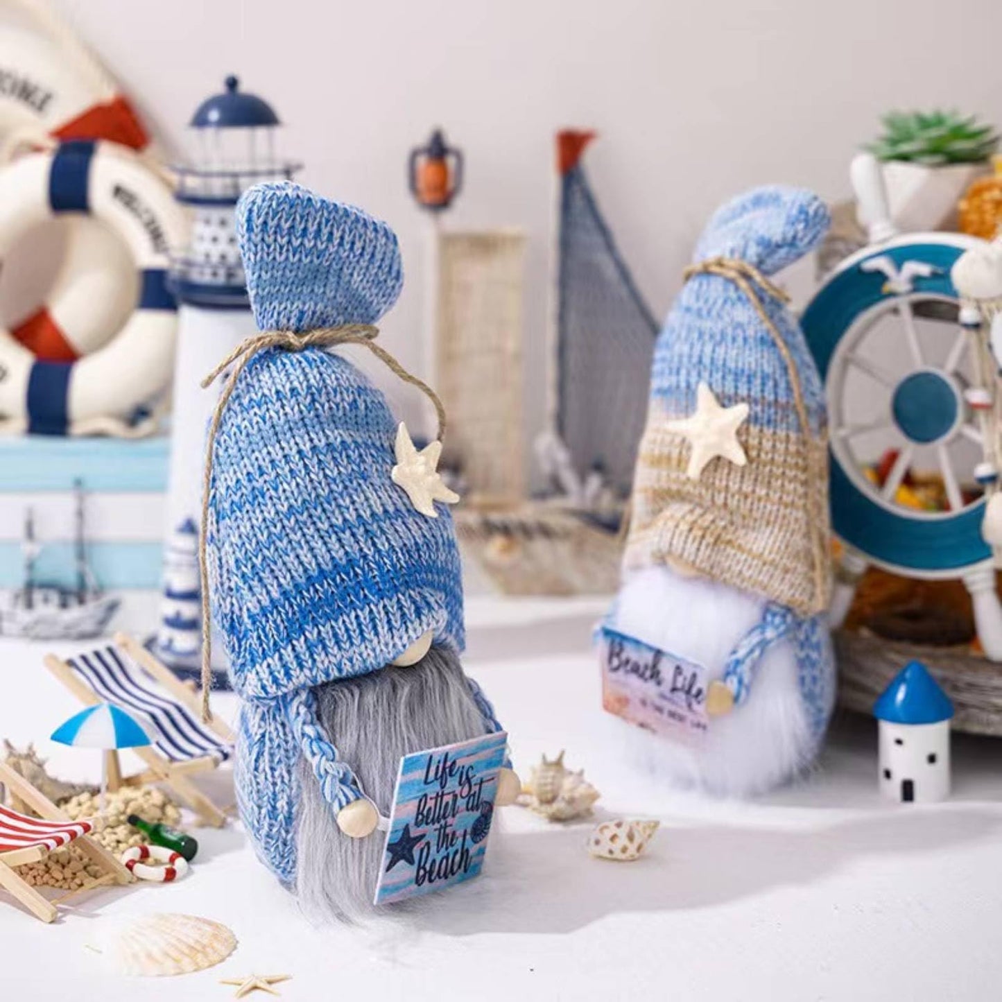 ALYRMEI Beach Birthday Gnome Plush - Summer Gnomes Decorations for Home,Cute Ocean Gnome Figurine Stuffed Gnomes Gifts for Women, Tiered Tray Decor, Beach Party Birthday Decor（Blue Beach）