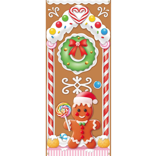 Christmas Gingerbread House Door Cover Decorations - Gingerbread Door Banner for Candyland Party Backdrop Decor Indoor Outdoor, 72×30 Inches